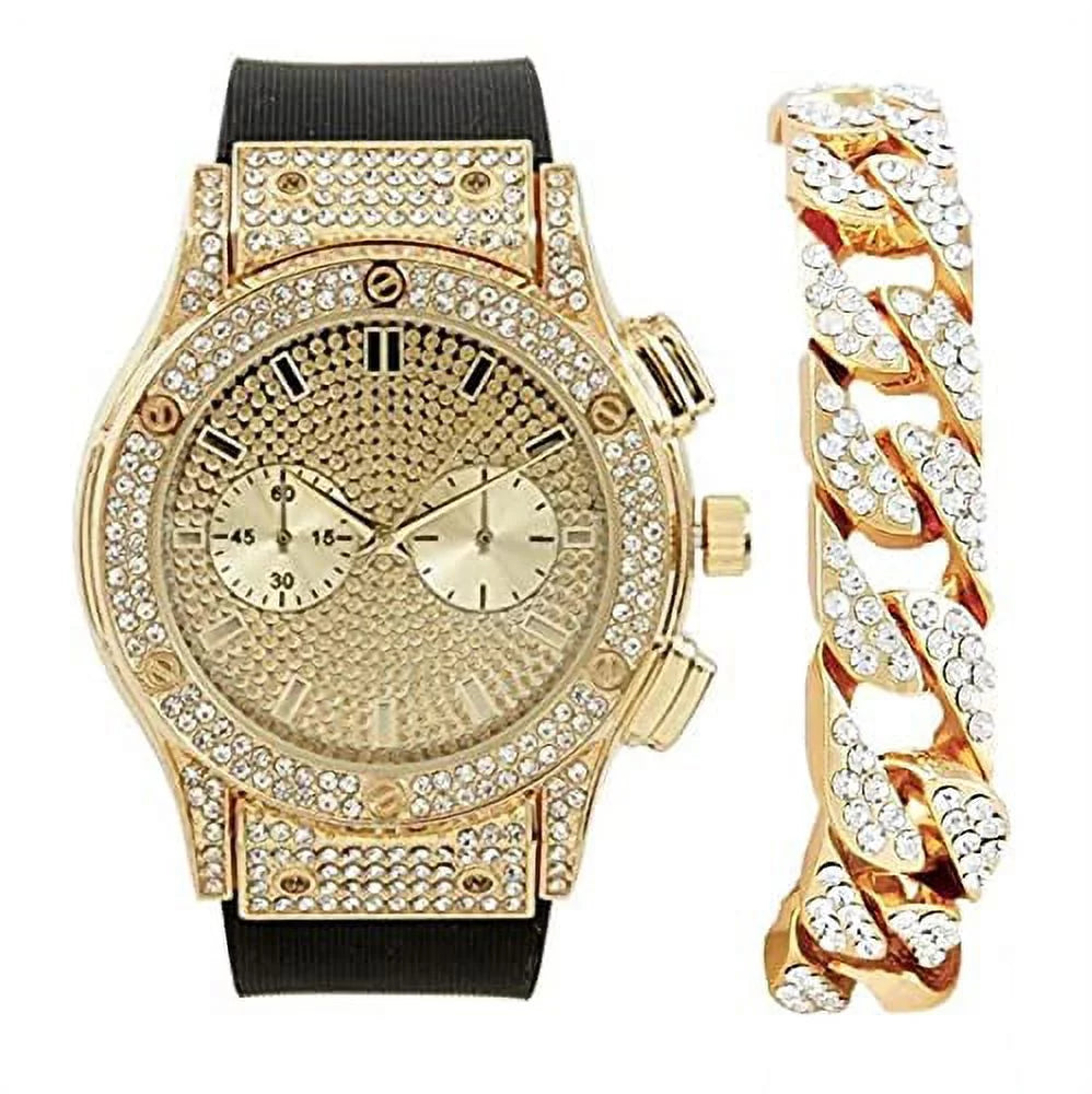 Charles Raymond Big Bling Watch Inspired by Hip Hop - Mens Iced Out Timepiece - Faux Chrono Eyes - Diamond Rhinestones on Blast -  (Gold Rubber Cuban)