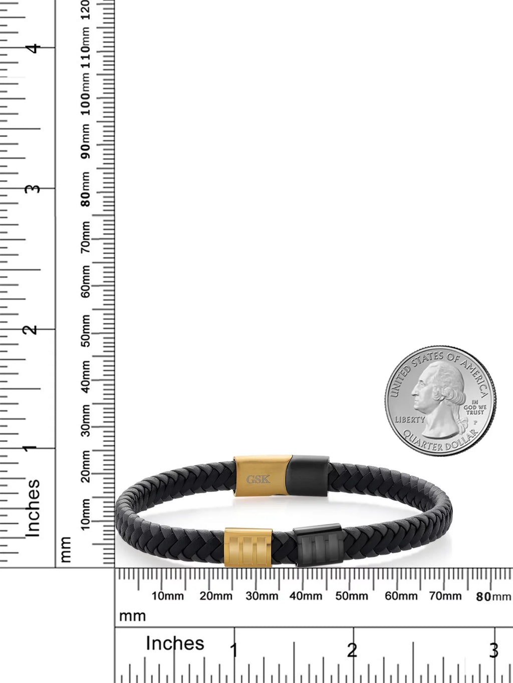 Gem Stone King Men's Stainless Steel Gold Black Premium Genuine Leather Bracelet (8.25 inch, 7.7MM Width)