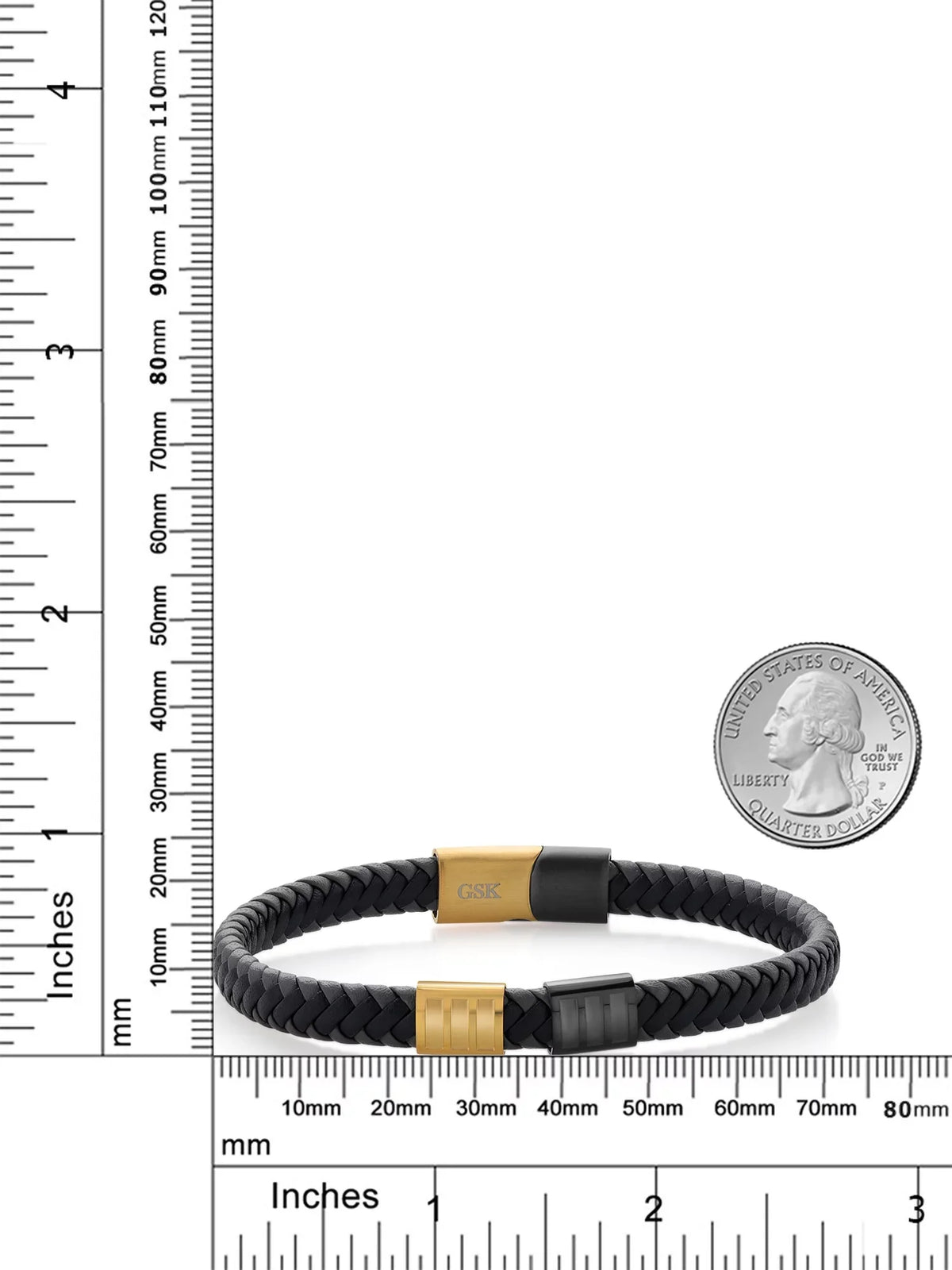 Gem Stone King Men's Stainless Steel Gold Black Premium Genuine Leather Bracelet (8.25 inch, 7.7MM Width)