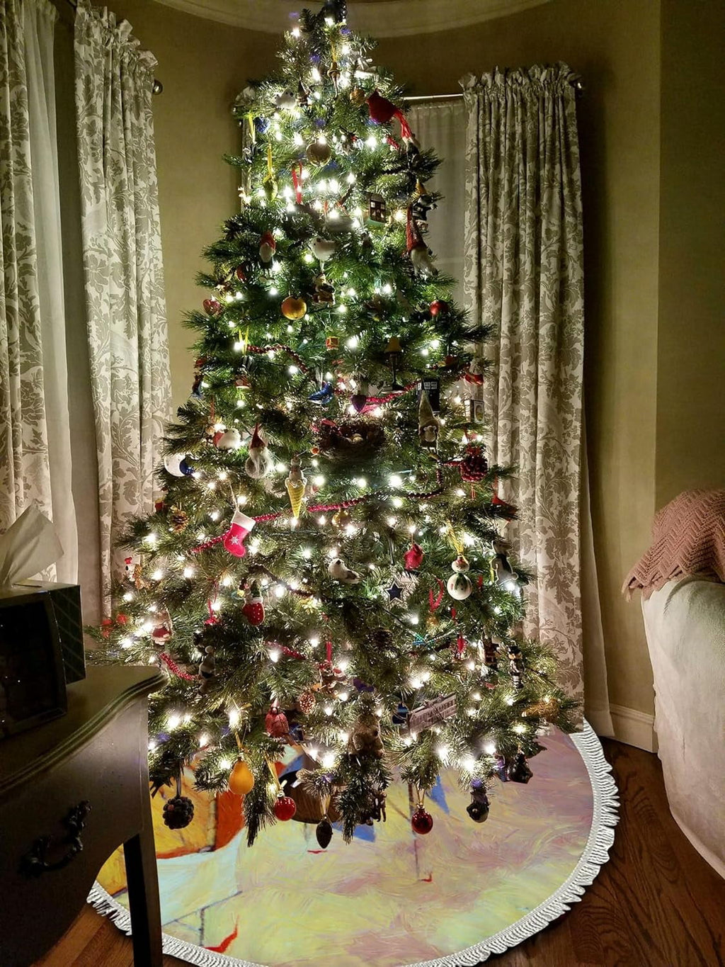 Wellsay Christmas Tree Skirt Fishing Boats Sea Landscape with Tassel 30 inch, Xmas Tree Decorations Farmhouse for All Season Holidays Wedding Party Slim Tree Mat Decor Ornaments
