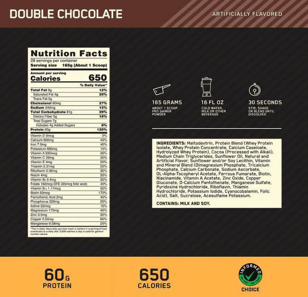 Optimum Nutrition, Gold Standard Pro Gainer, Double Chocolate, 10.19 lb, 29 Servings