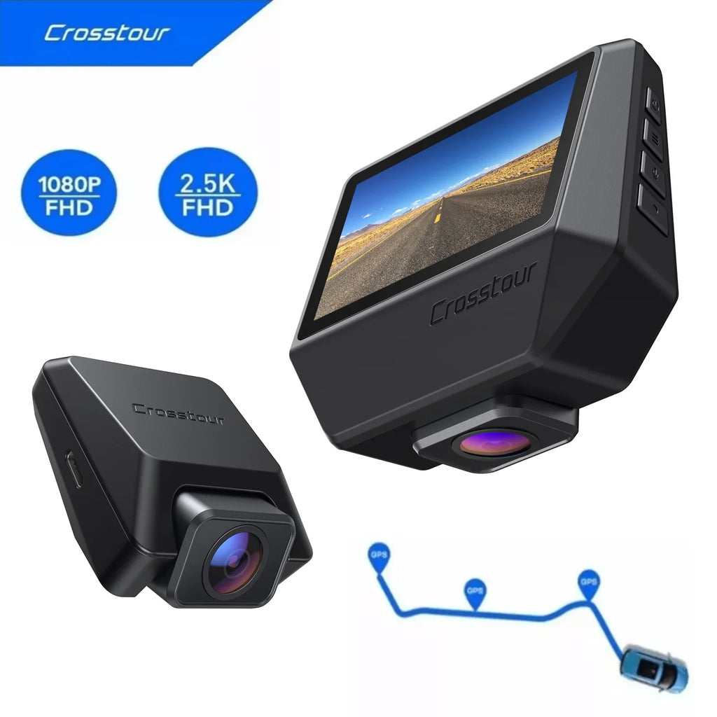 Dash Cam Front and Rear, Crosstour Dash Camera for Cars 2.5K , 3 inch  Screen Magnetic Dashboard Recorder 170° Backup Camera