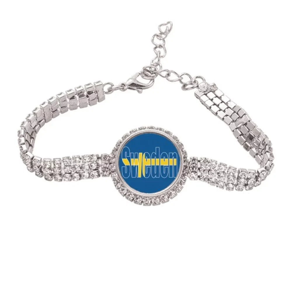 Sweden Country Flag Name Art Deco Fashion Tennis Chain Anklet Bracelet Diamond Jewelry