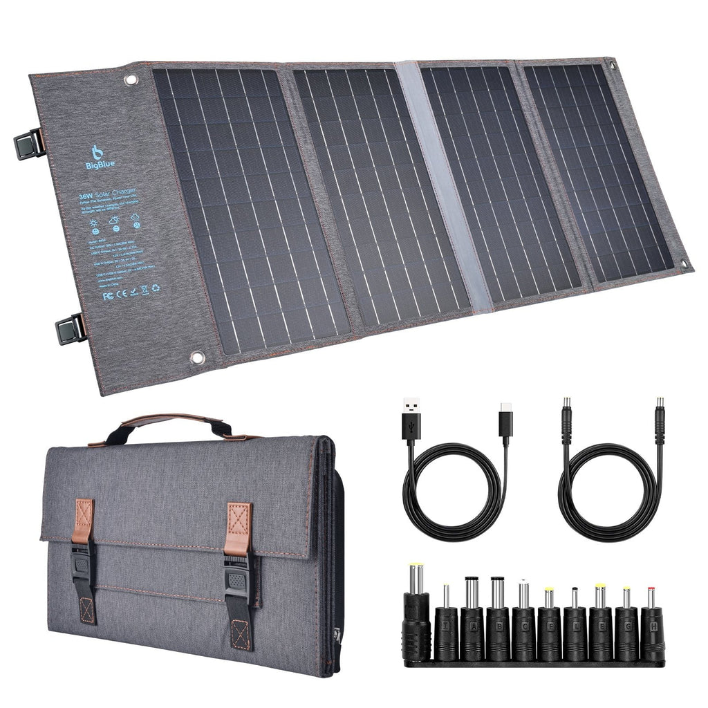 BigBlue 36W Solar Phone Charger with (20V/1.8A),  20W - and Fast Charge -,  Waterproof, Portable SunPower Solar Panel for Camping