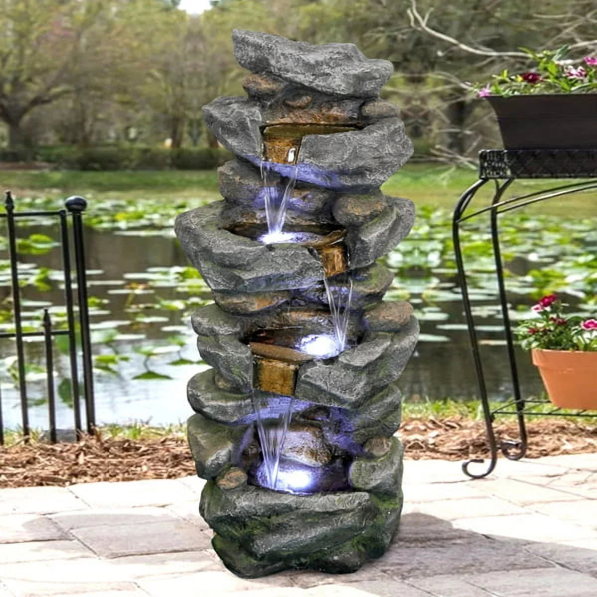 Fithood 40inches High Stacked Simulated Rock Water Fountain with  Lights