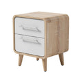 Modern Wooden Nightstand with White Drawers and Sleek Metal Handles