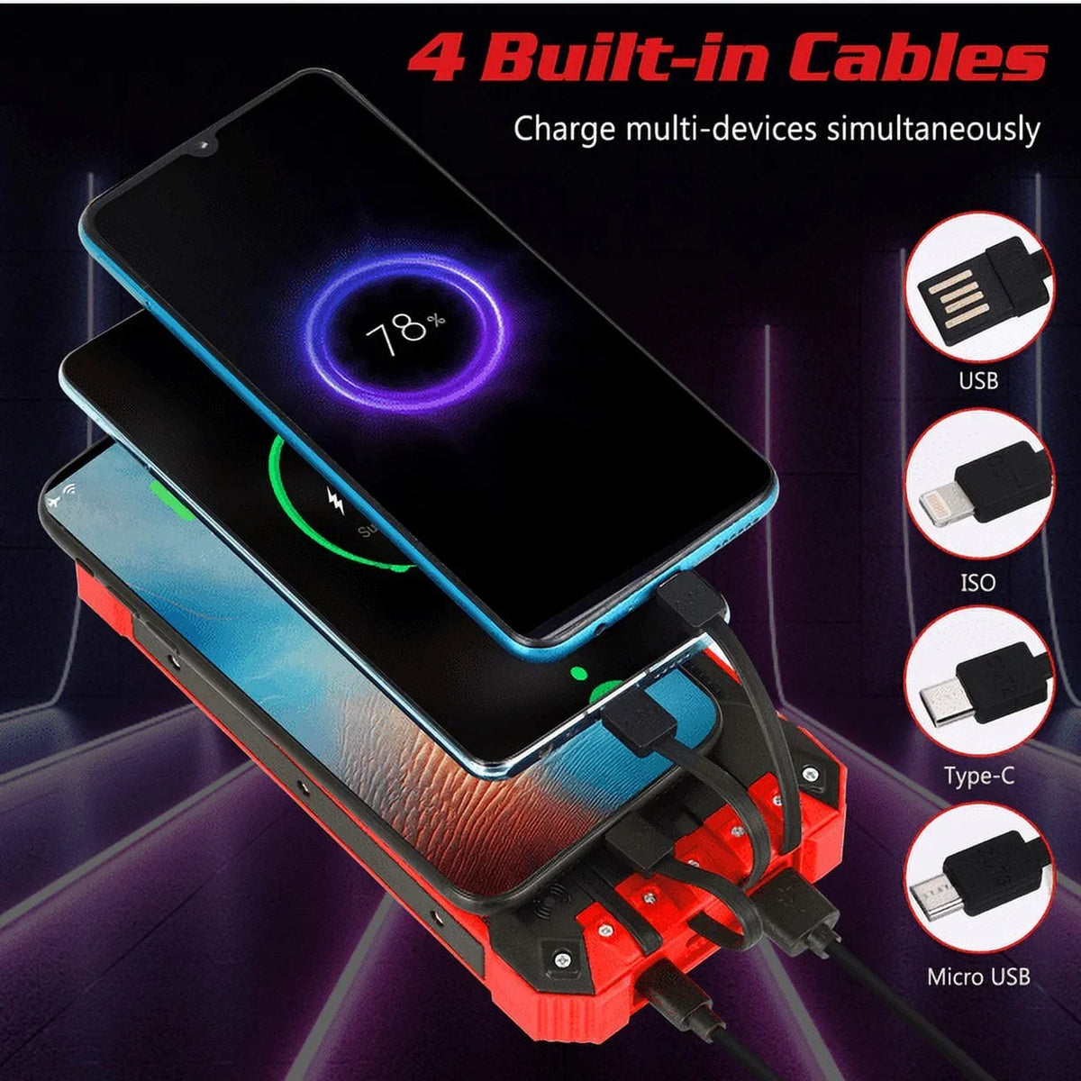 Solar Power Bank 20000mAh Built-in 4 Cables Qi Wireless Charger For Ulefone Armor 9 with  Flashlight Solar Portable External Battery  Waterproof 15W 5V/3A   Port 6 Outputs 3 Inputs
