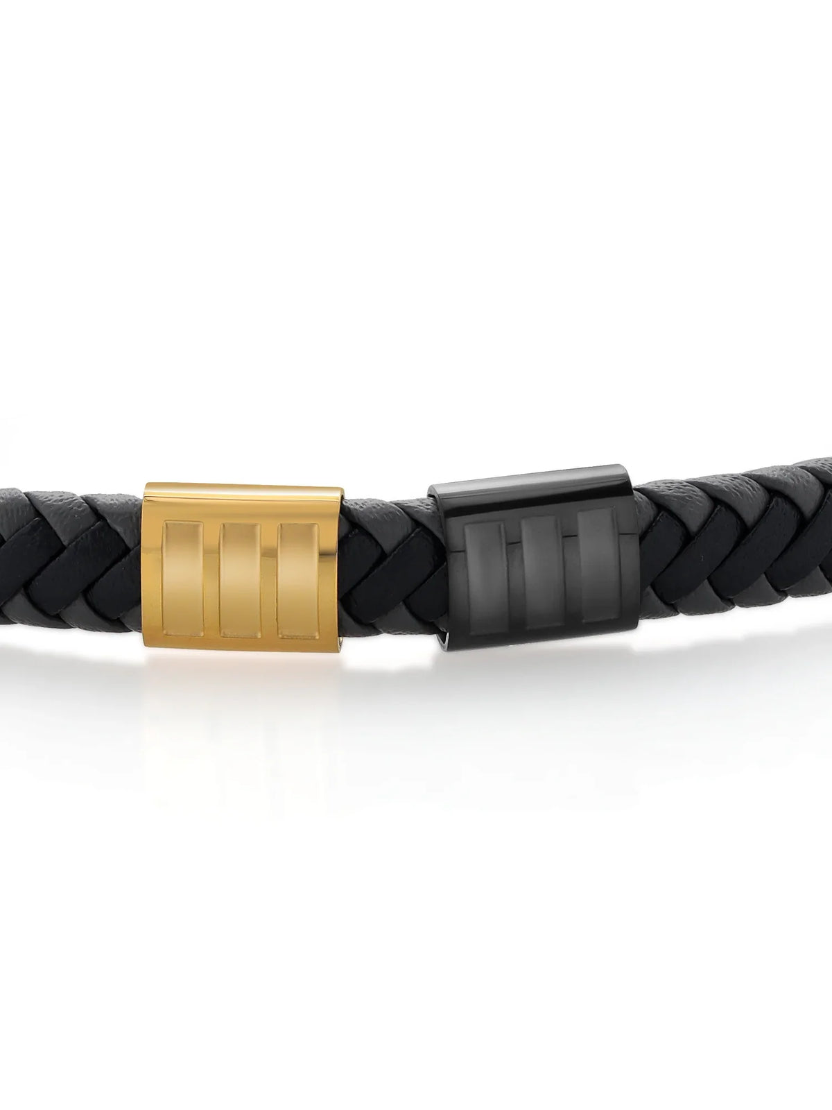 Gem Stone King Men's Stainless Steel Gold Black Premium Genuine Leather Bracelet (8.25 inch, 7.7MM Width)