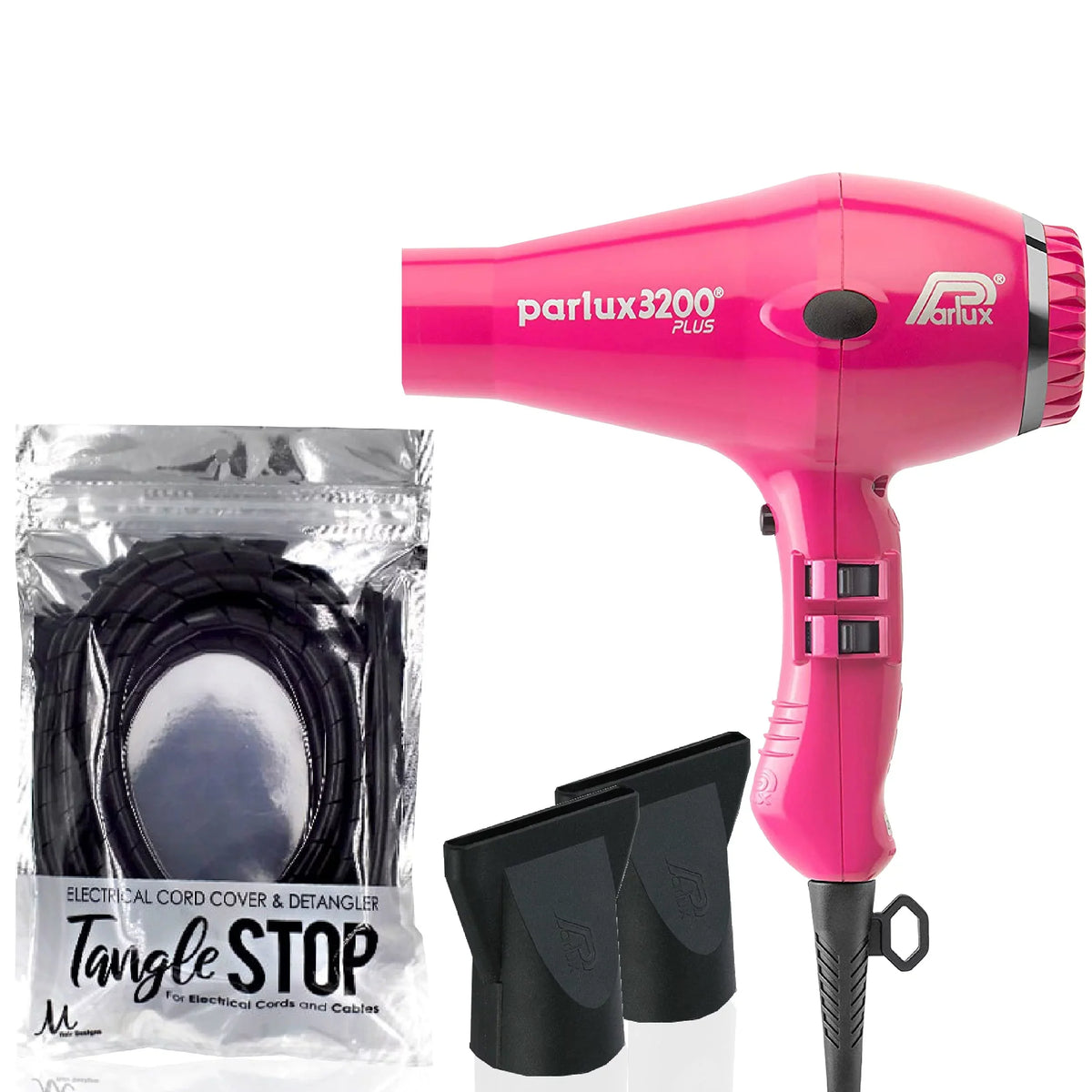 Parlux 3200 Plus Fuchsia Hair Dryer and  Hair Designs Tangle Stop Cord Cover Detangler Black (Bundle - 2 Items)