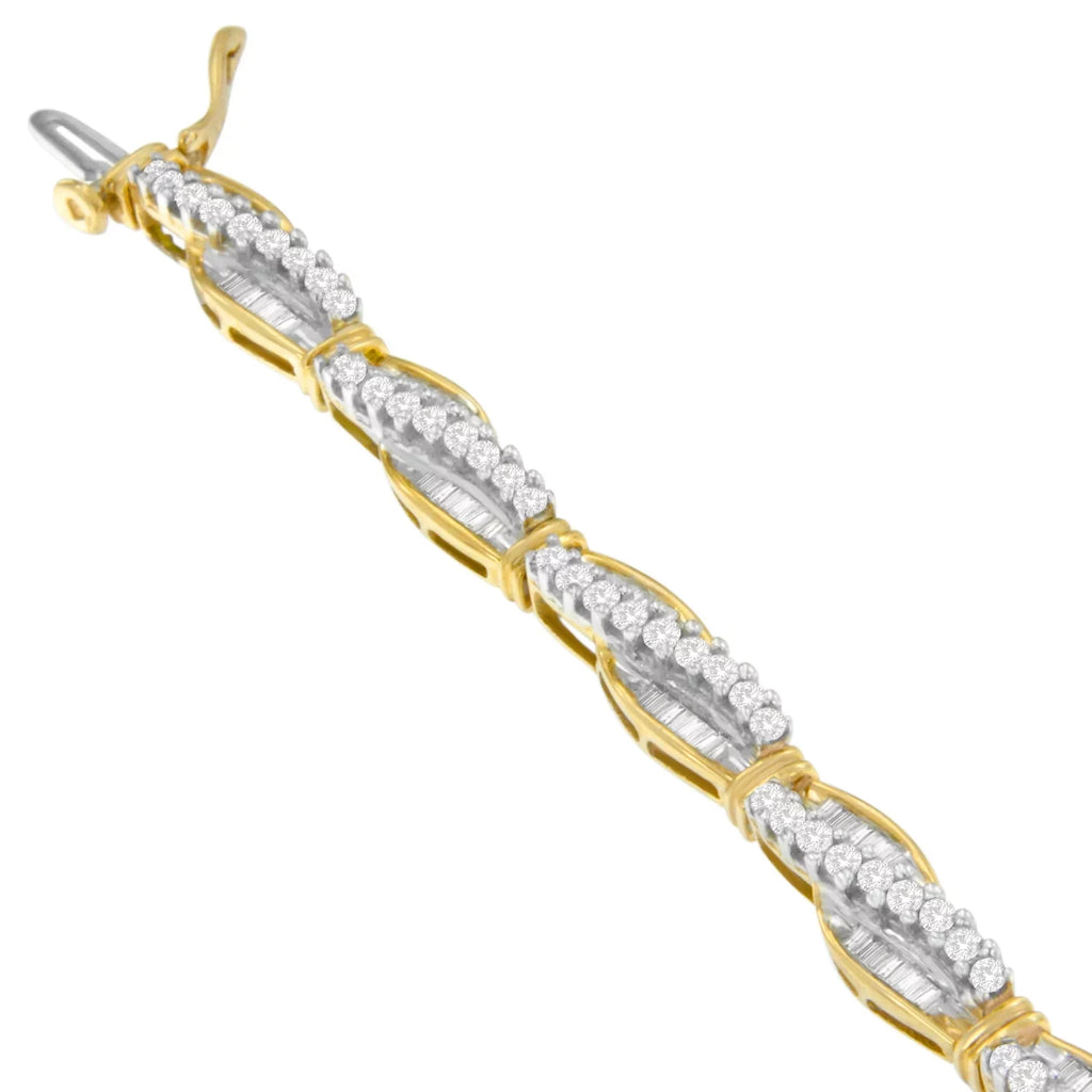 14K Yellow Gold 3  Round and Baguette Cut Winding Love Diamond Bracelet (-,-)