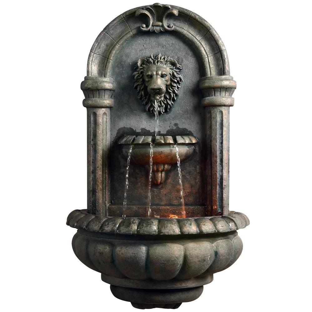 Home Outdoor Tiered Lion Head Stone Wall Fountain with  Light, Antique Bronze Garden Decoration Outdoor