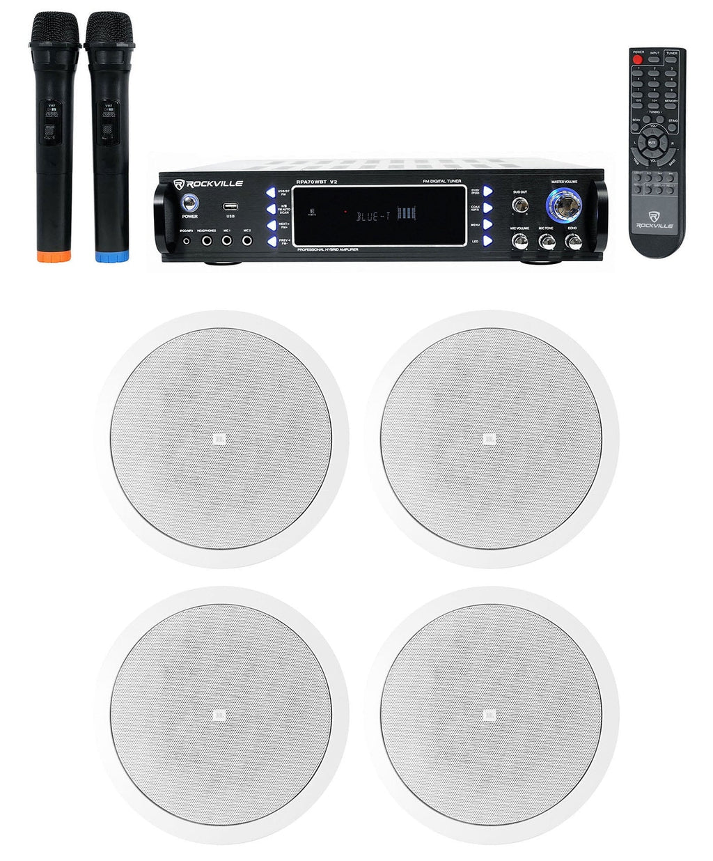 4)  6.5" Ceiling Speakers+Bluetooth Receiver+2) Mics For Restaurant/Bar/Cafe