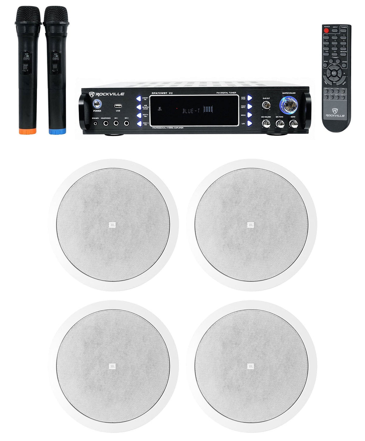 4)  6.5" Ceiling Speakers+Bluetooth Receiver+2) Mics For Restaurant/Bar/Cafe