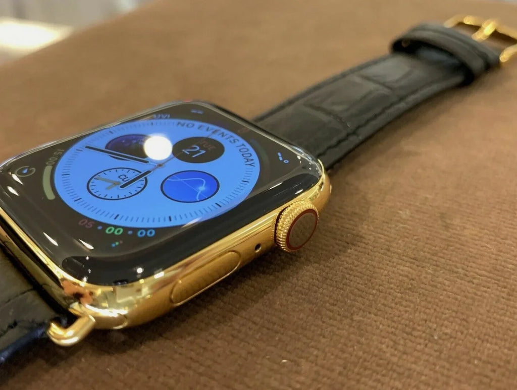 Custom 24k Gold iWatch Stainless Steel Series 9 45mm Black Leather Band