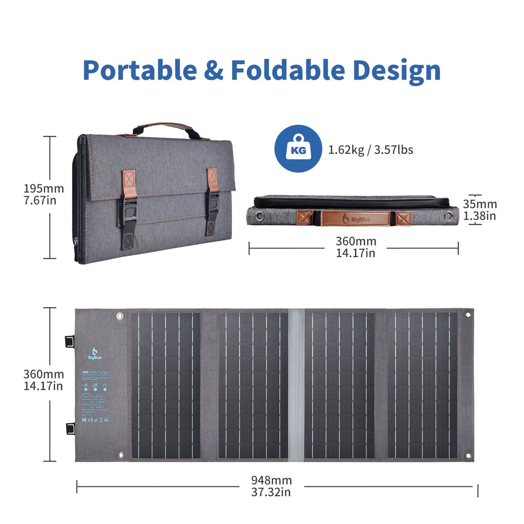 BigBlue 36W Solar Phone Charger with (20V/1.8A),  20W - and Fast Charge -,  Waterproof, Portable SunPower Solar Panel for Camping