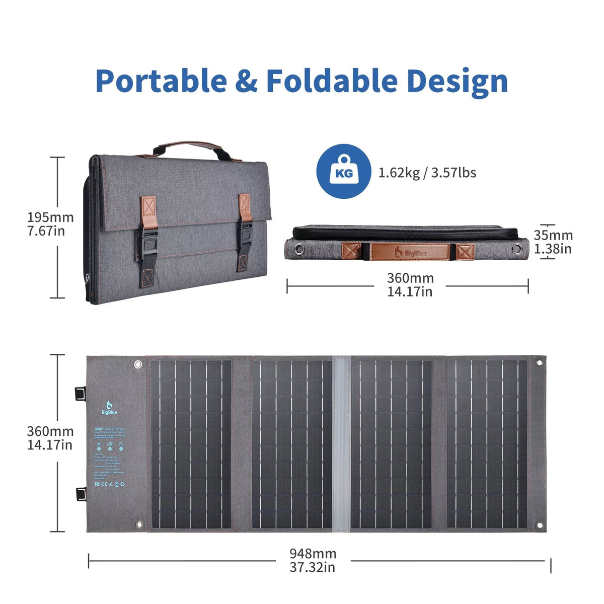 BigBlue 36W Solar Phone Charger with (20V/1.8A),  20W - and Fast Charge -,  Waterproof, Portable SunPower Solar Panel for Camping