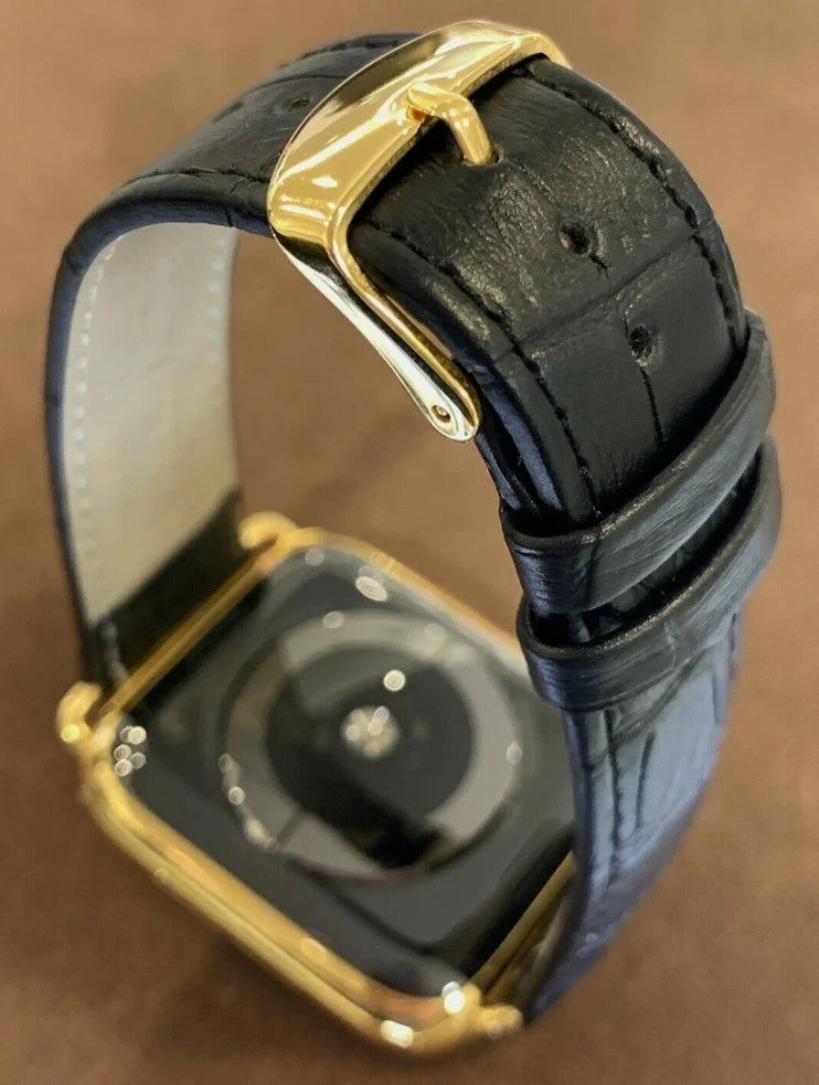 Custom 24k Gold iWatch Stainless Steel Series 9 45mm Black Leather Band