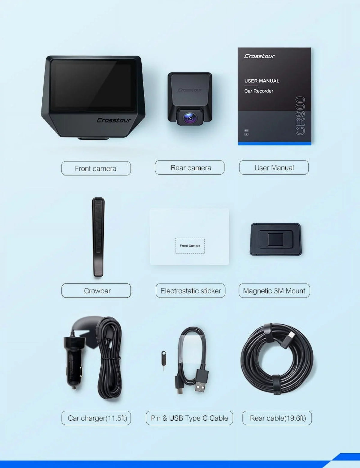 Dash Cam Front and Rear, Crosstour Dash Camera for Cars 2.5K , 3 inch  Screen Magnetic Dashboard Recorder 170° Backup Camera