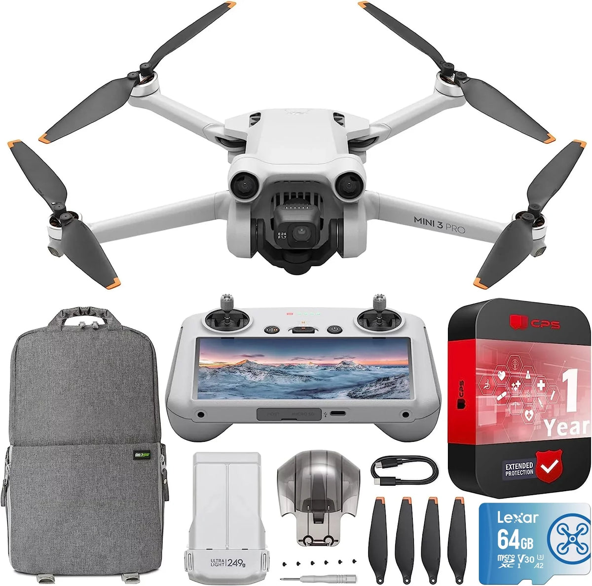 Mini 3 Pro Camera Drone Quadcopter +  Smart Remote Control (With Screen), 4K/60fps Video, 48MP Photo, 34min Flight Time, 3 Directional Obstacle Sensing Bundle w/ Deco Gear Backpack &Accessories