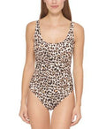 $98 Dkny Womens Animal-Print Mesh-Stripe One-Piece Swimsuit Natural Size 16