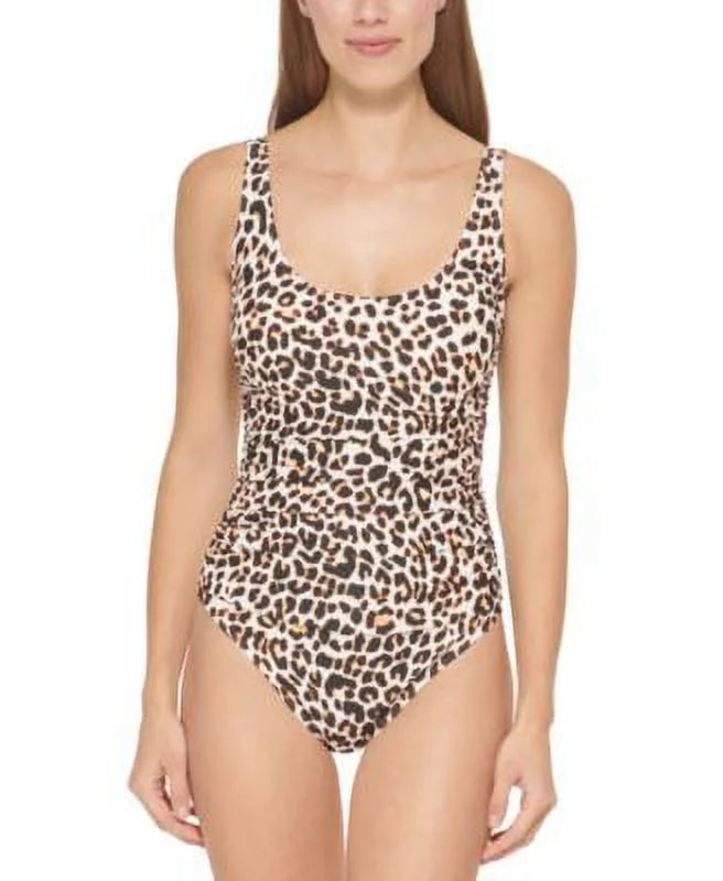 $98 Dkny Womens Animal-Print Mesh-Stripe One-Piece Swimsuit Natural Size 16