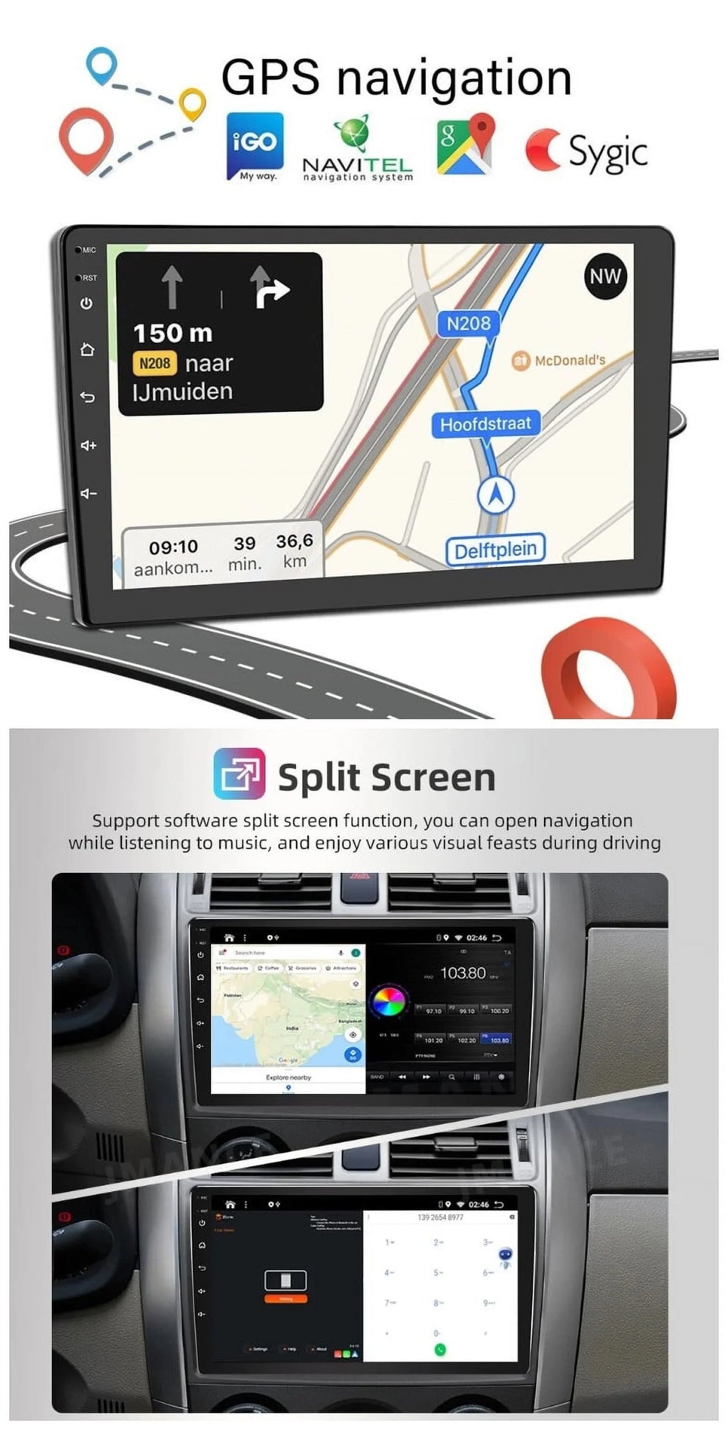 Android 2+32GB Car Stereo Wireless Carplay Android Auto Double Din Radio 10.1" 1280*720  Screen WiFi  Navigation Bluetooth  / Receiver  Backup Camera