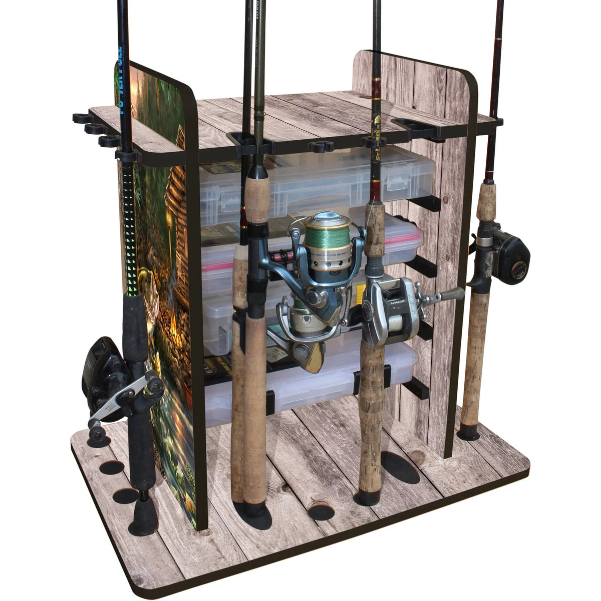 Rush Creek Creations 14 Fishing Rod Rack with 4 Utility Box Storage Capacity & Dual Rod Clips - Features a Sleek Design & Wire Racking System