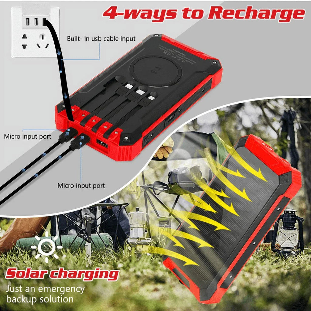 Solar Power Bank 20000mAh Built-in 4 Cables Qi Wireless Charger For Ulefone Armor 9 with  Flashlight Solar Portable External Battery  Waterproof 15W 5V/3A   Port 6 Outputs 3 Inputs