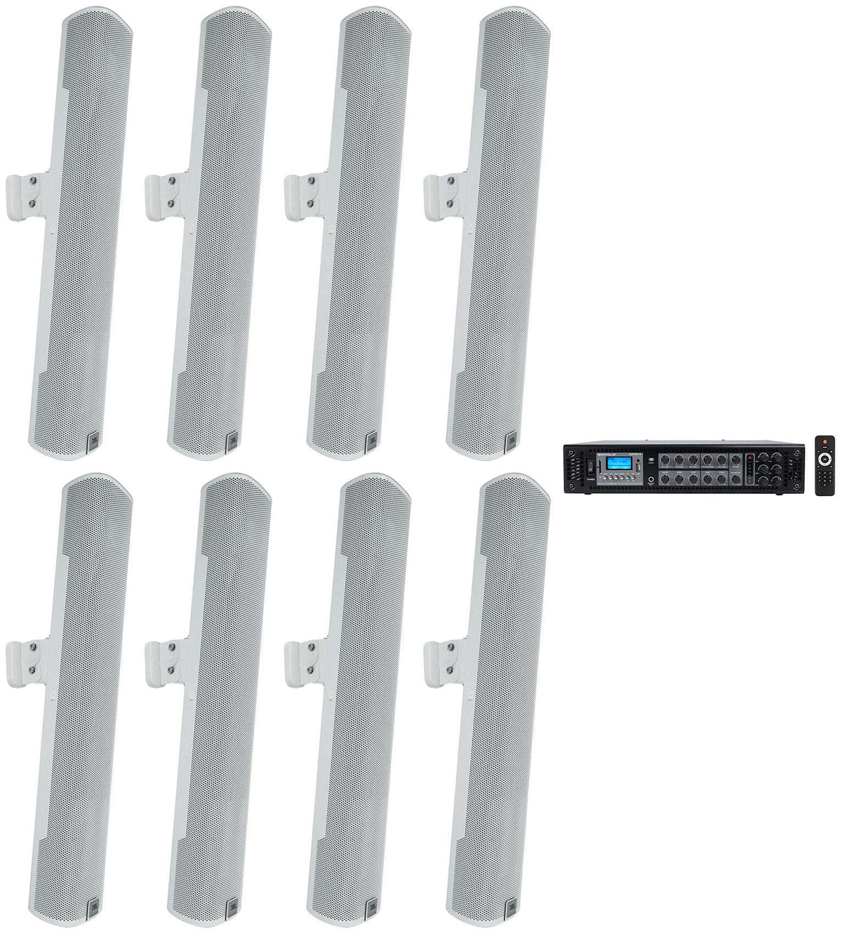 (8)  - 24" White 70V Commercial Column Wall Mount Array Speakers+Amp