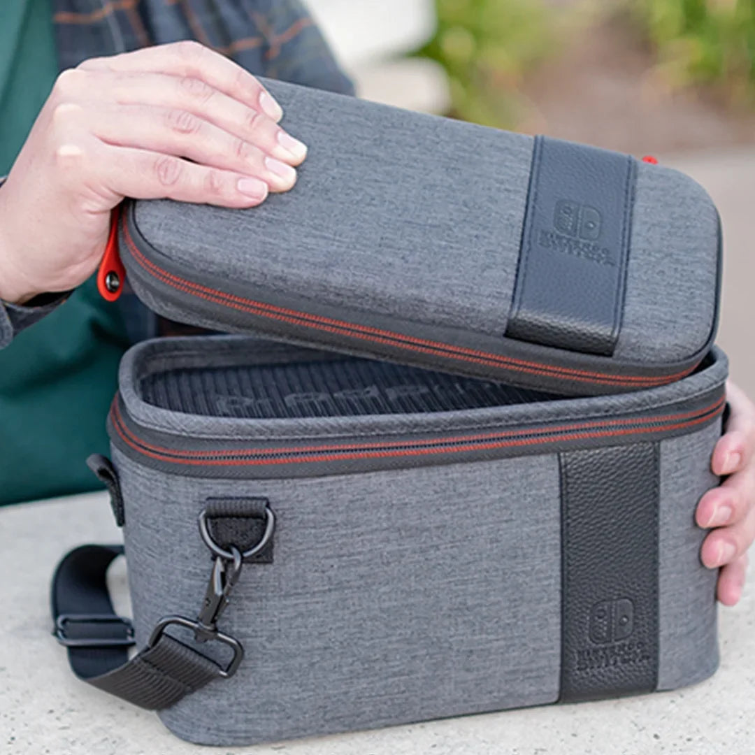 Gaming Pull--Go Travel Case Elite Edition: 2-in-1 with Built-in Console Stand, Removable Straps & Interchangeable Dividers: Grey - Nintendo Switch
