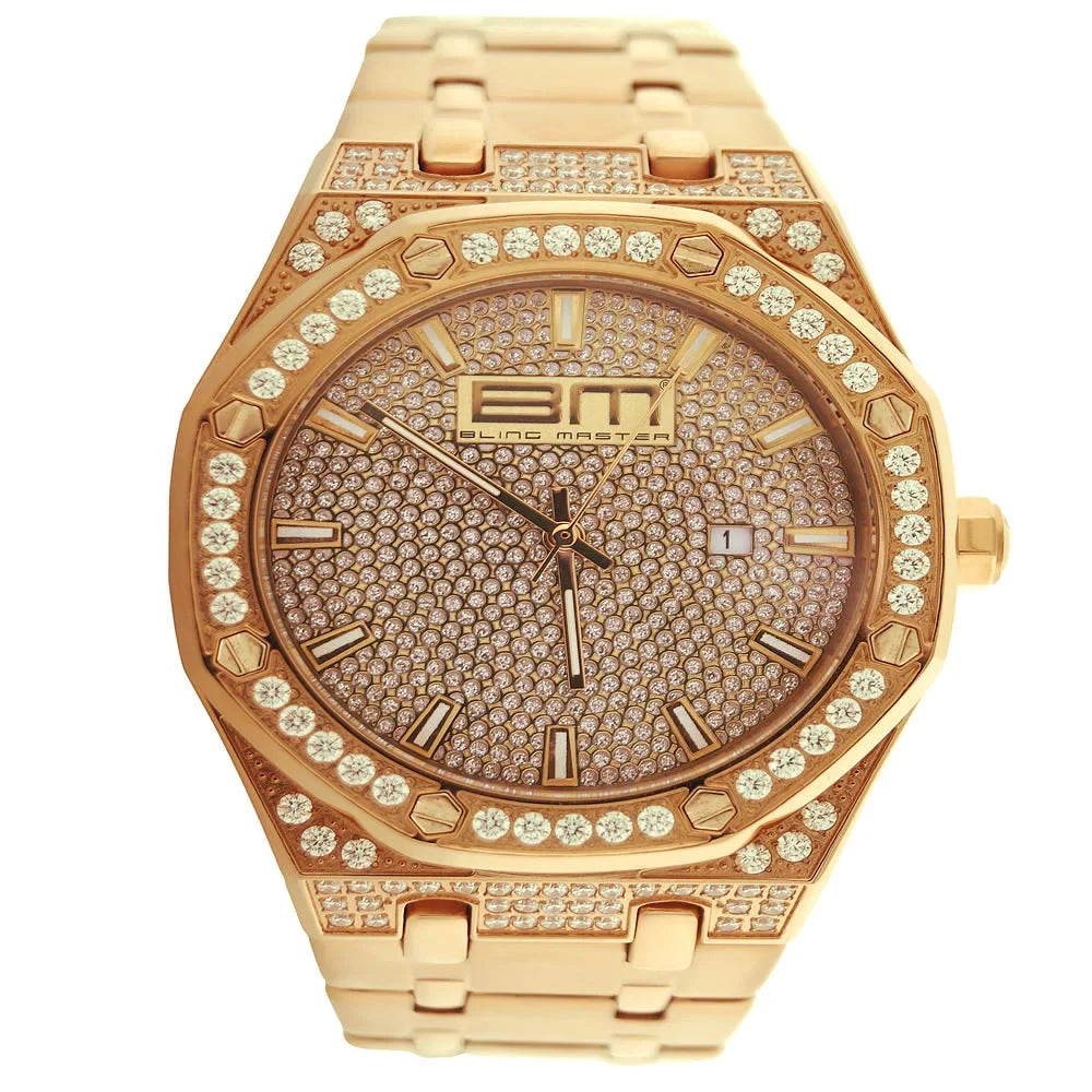 18K Rose Gold Finish Solid Stainless Steel Classic Dial Simulated Diamond Mens Bling Master Analog Custom Watch