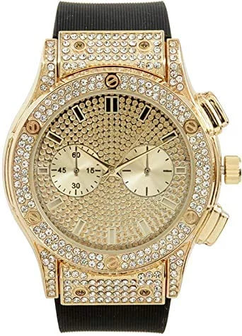 Charles Raymond Big Bling Watch Inspired by Hip Hop - Mens Iced Out Timepiece - Faux Chrono Eyes - Diamond Rhinestones on Blast -  (Gold Rubber Cuban)