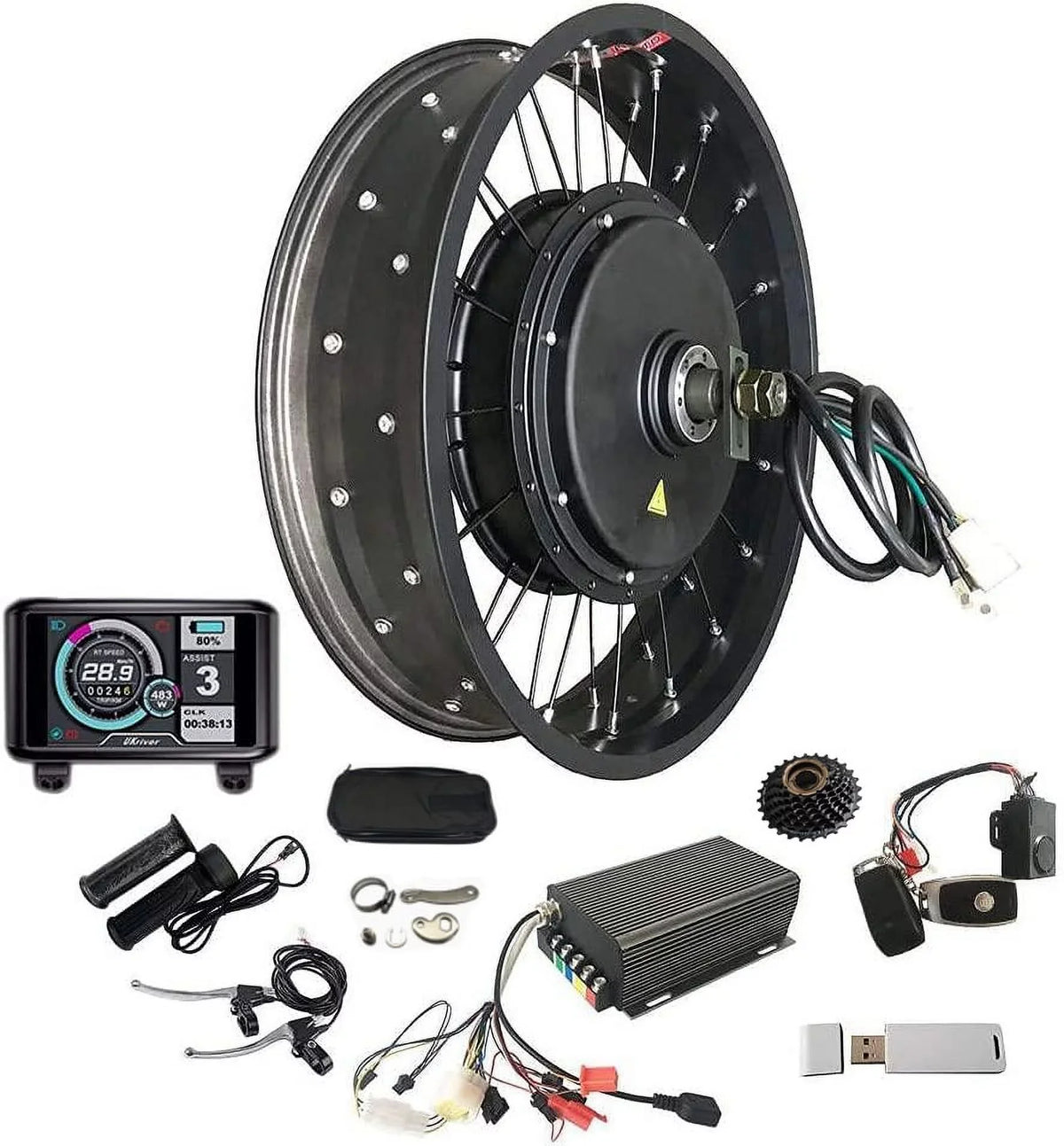 100KM/ Max Speed 190mm Dropout 20*4.0inch 80mm wheelrim width Electric Fat Bike Conversion Kit with Sabvoton Controller, Color Display System,Single Speed Freewheel