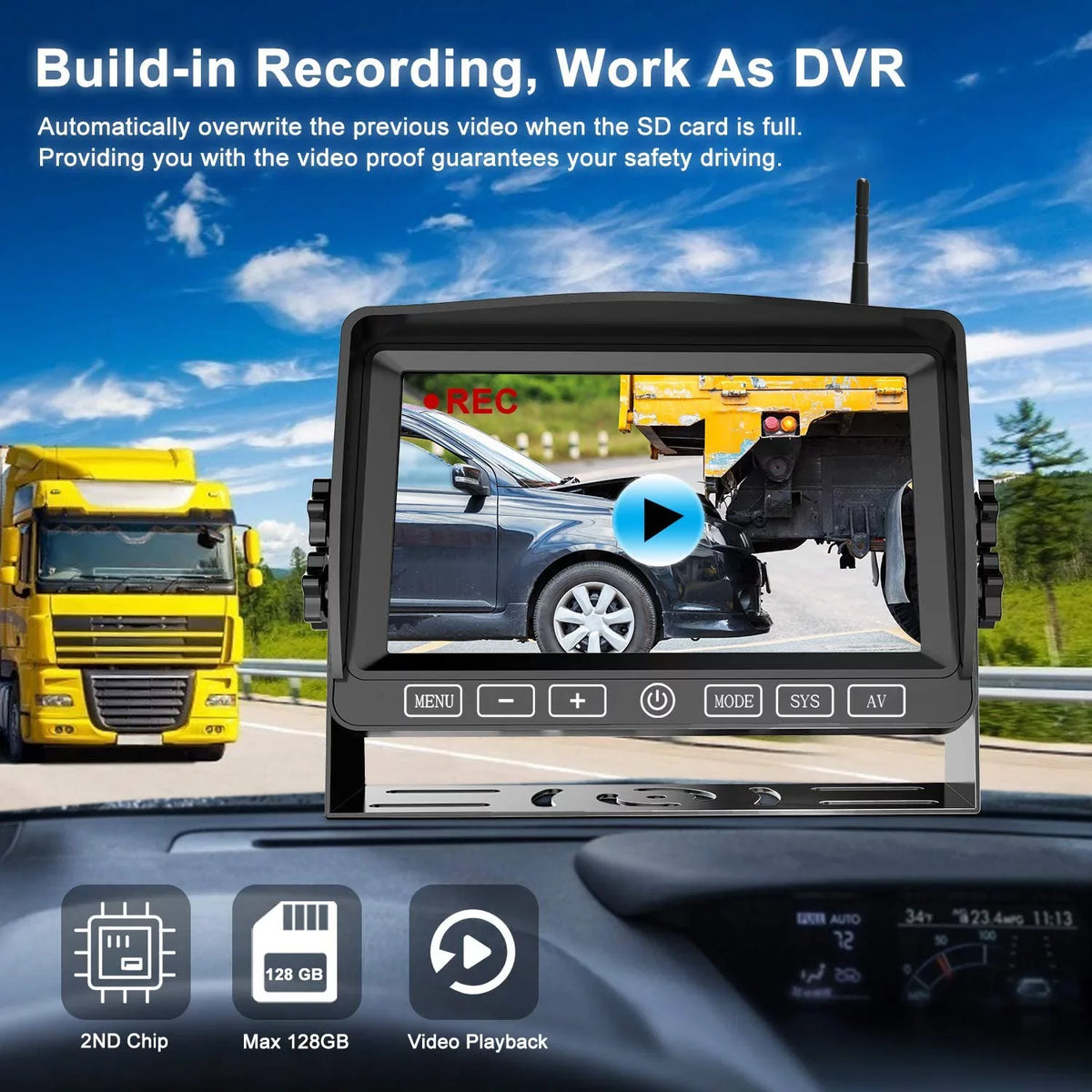 Fookoo  1080P 7" Wireless Backup Camera, 7-inch Dual/Quad Split Screen Monitor w/ Recording Touch Button, Supports 4 Cameras,  Waterproof Rear View Cam Parking Lines for /Trailer/Truck ()