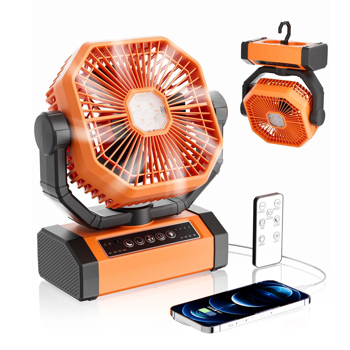 Portable Cordless Fan 20000mAh Rechargeable Battery Powered Ventilator w/  Lantern, Remote, Hook, Timer, 270° Pivot 90° Oscillating 4 Speed Brushless Motor, Outdoor Jobsite Garage Patio Fan