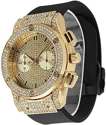 Charles Raymond Big Bling Watch Inspired by Hip Hop - Mens Iced Out Timepiece - Faux Chrono Eyes - Diamond Rhinestones on Blast -  (Gold Rubber Cuban)
