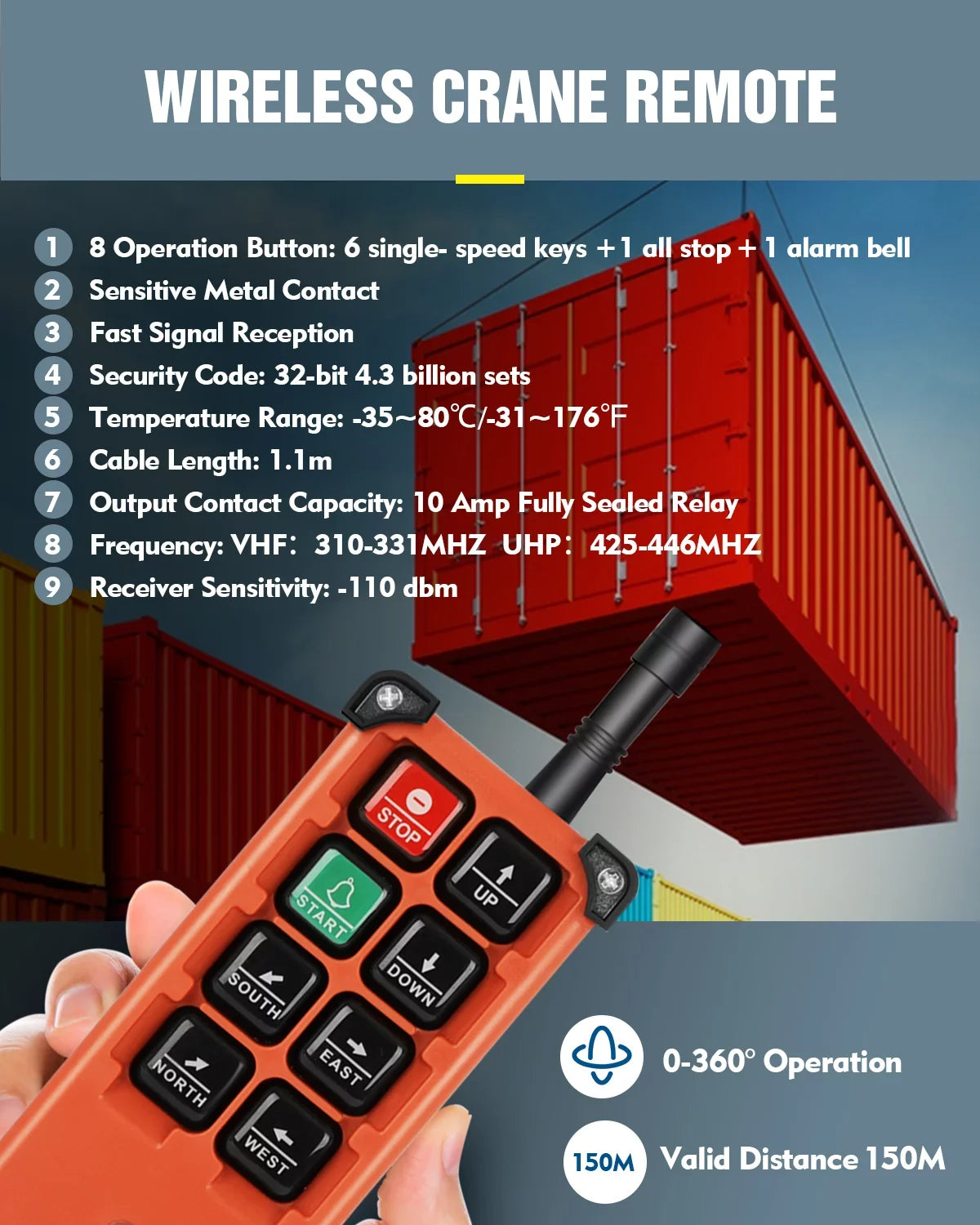 Crane Wireless Remote Control Switch  12V 8 Buttons Industrial Electric Lift Hoist Radio Crane Overhead Tower Bridge Crane Winch 2 Transmitter + 1 Receiver