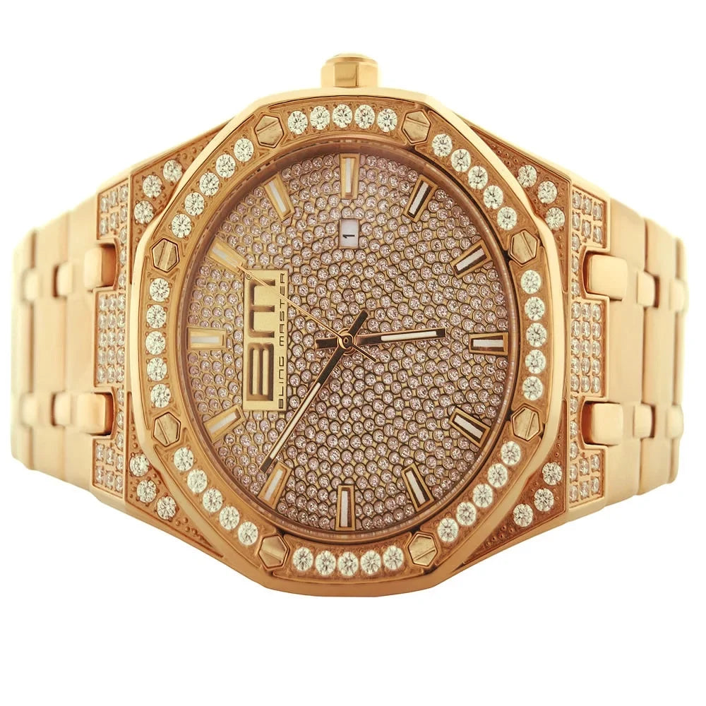 18K Rose Gold Finish Solid Stainless Steel Classic Dial Simulated Diamond Mens Bling Master Analog Custom Watch