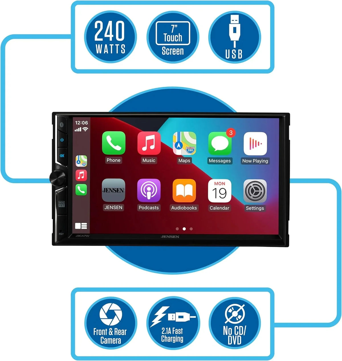 Jensen  7-inch Certified Apple CarPlay Android Auto, Wired or Wireless, Double  Car Stereo Radio, New