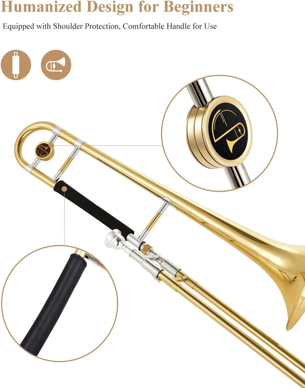 Eastar Bb Tenor Trombone for Beginners Students  Flat Brass Instrument, with Case, Mouthpiece, White Gloves, Cleaning Kit, Gold