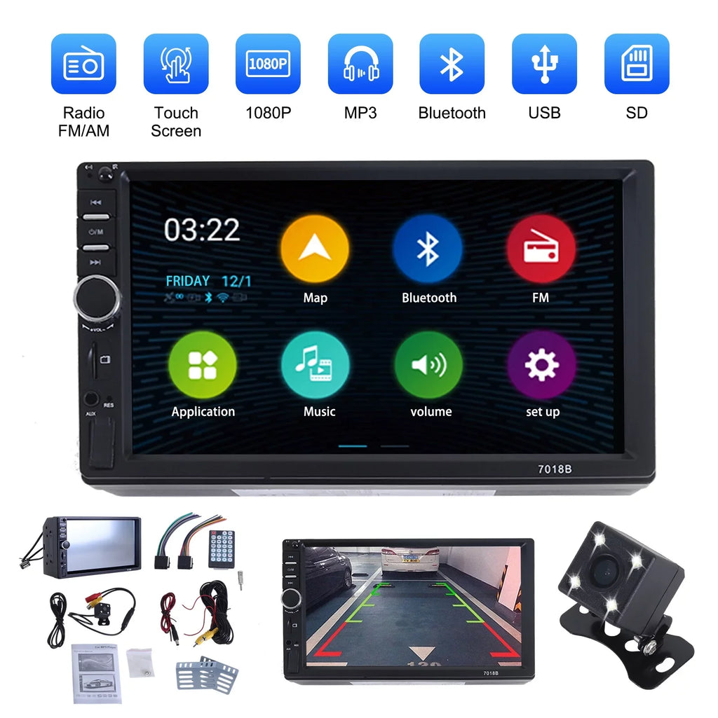 Double 2 Din Car Stereo Radio  Player, 7 Inch  Touch Screen Bluetooth Car Video Player 1080P with Backup Reversing Camera