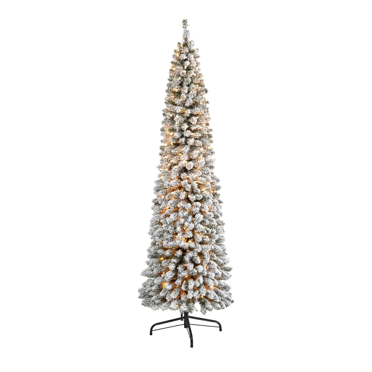 Nearly Natural 7' White Flocked Pencil Artificial Christmas Tree Prelit 400 Clear Lights