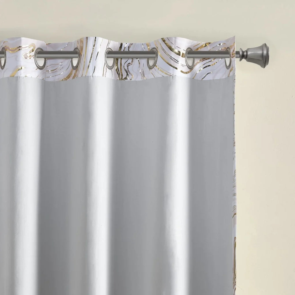 Rebecca Grommet Top Printed Marble Metallic Total Blackout Curtain -1982 By Olliix