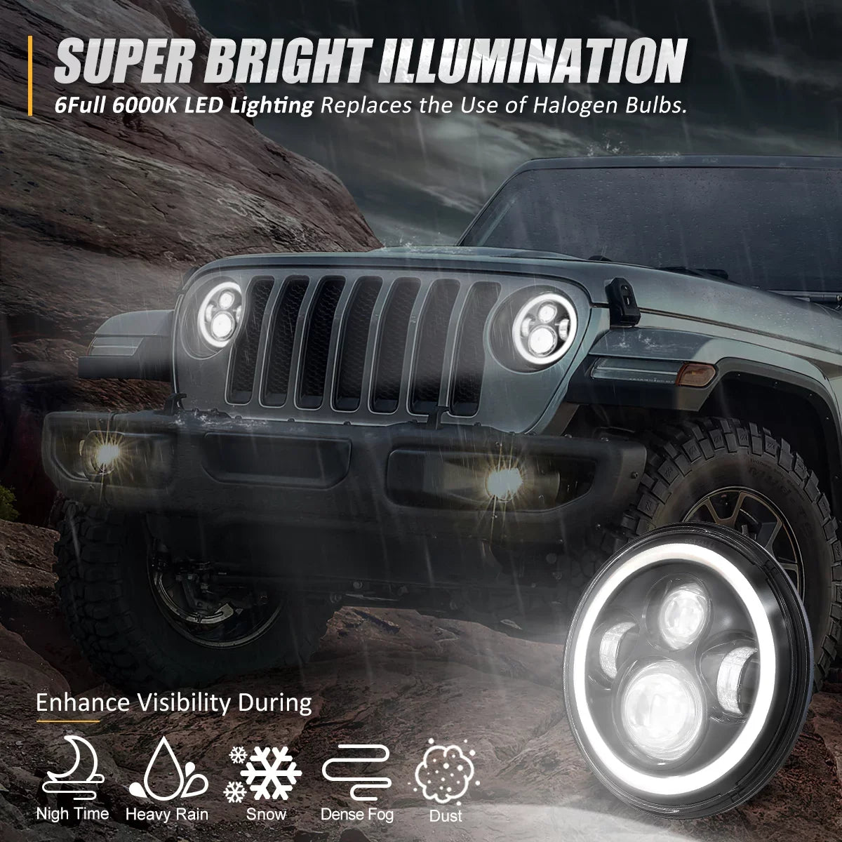 '--001H Nuvision For 1997 to 2018 Jeep Wrangler/Wrangler     2Pcs 7 inches  Halo  Projector Black Housing Headlights 13 14