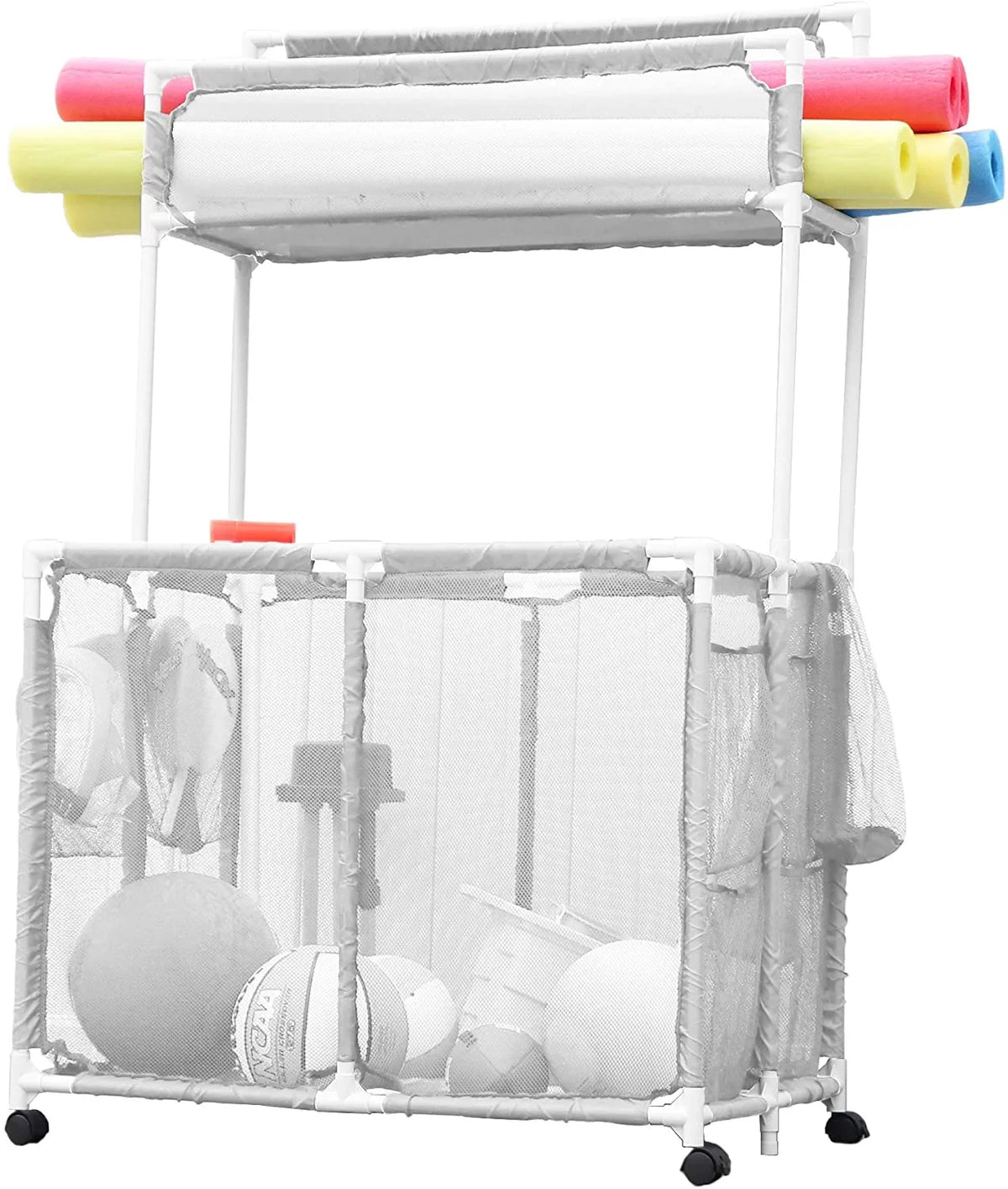 Essentially Yours Pool Noodles Holder, Toys, Floats, Balls and Floats Equipment Mesh Rolling Storage Organizer Bin,, Extra-Large, (47.2"  x 30.2"  x 34" ), White Style 455119