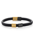 Gem Stone King Men's Stainless Steel Gold Black Premium Genuine Leather Bracelet (8.25 inch, 7.7MM Width)