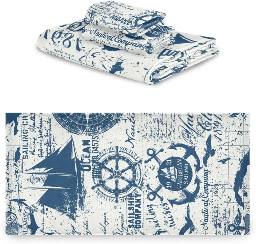 3 Pack Towel Nautical Elements Collage Cotton Bath Towel Set (1 Bath Towel, 1 Hand Towel, 1 Washcloth) for Bathroom, Super Soft and Quick Dry Towels
