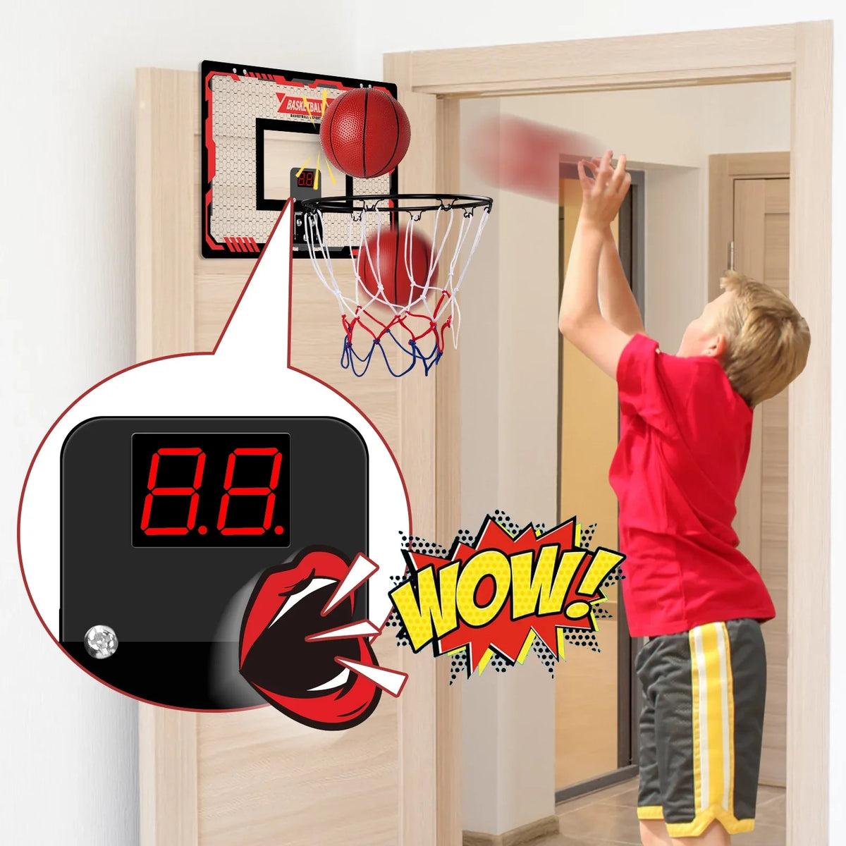 Indoor Basketball Hoop for Kids, Indoor Over The Door Basketball Hoops,  Light Mini Basketball Goals with 2 Balls & Electronic Scoreboard, Christmas Toys Gifts for 5 6 7 8 9 10 11 12+ Year Old Boys