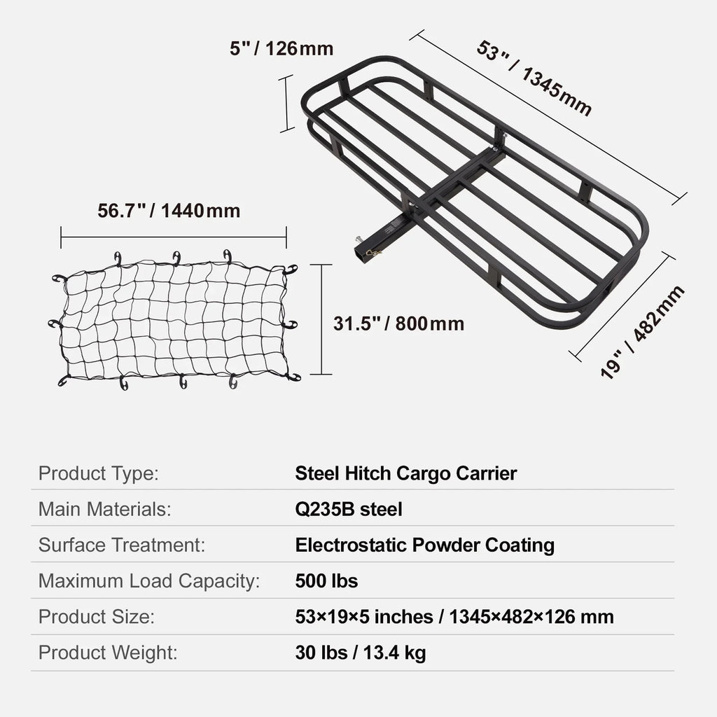 Hitch Mount Cargo Carrier 500lb 53x19x5 in & Cargo Net Fits 2" Receiver