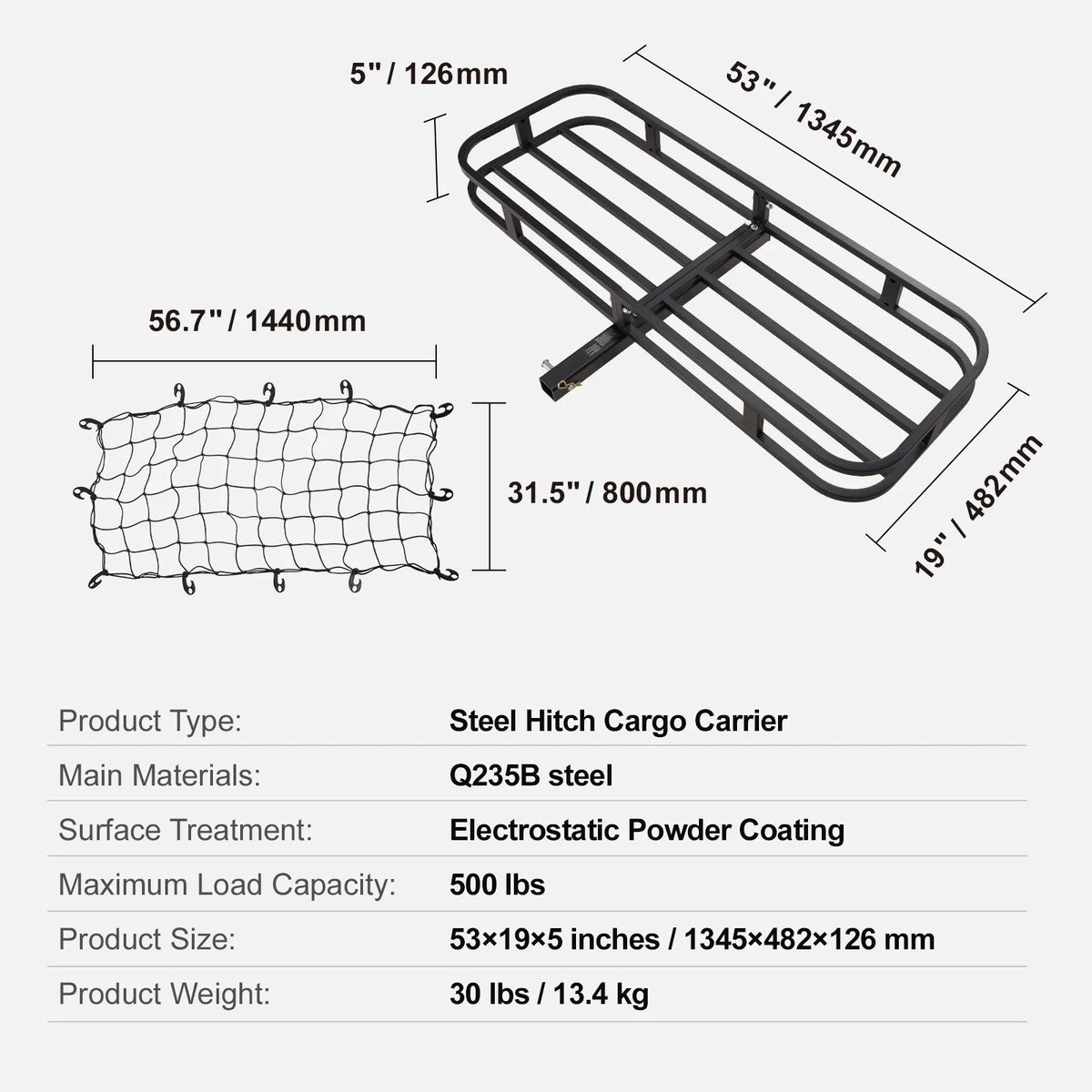Hitch Mount Cargo Carrier 500lb 53x19x5 in & Cargo Net Fits 2" Receiver